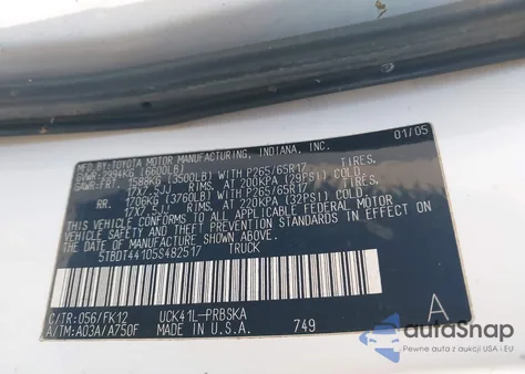 2005 Toyota Tundra Sr5 V8 from USA, damaged, VIN 5TBDT44105S482517